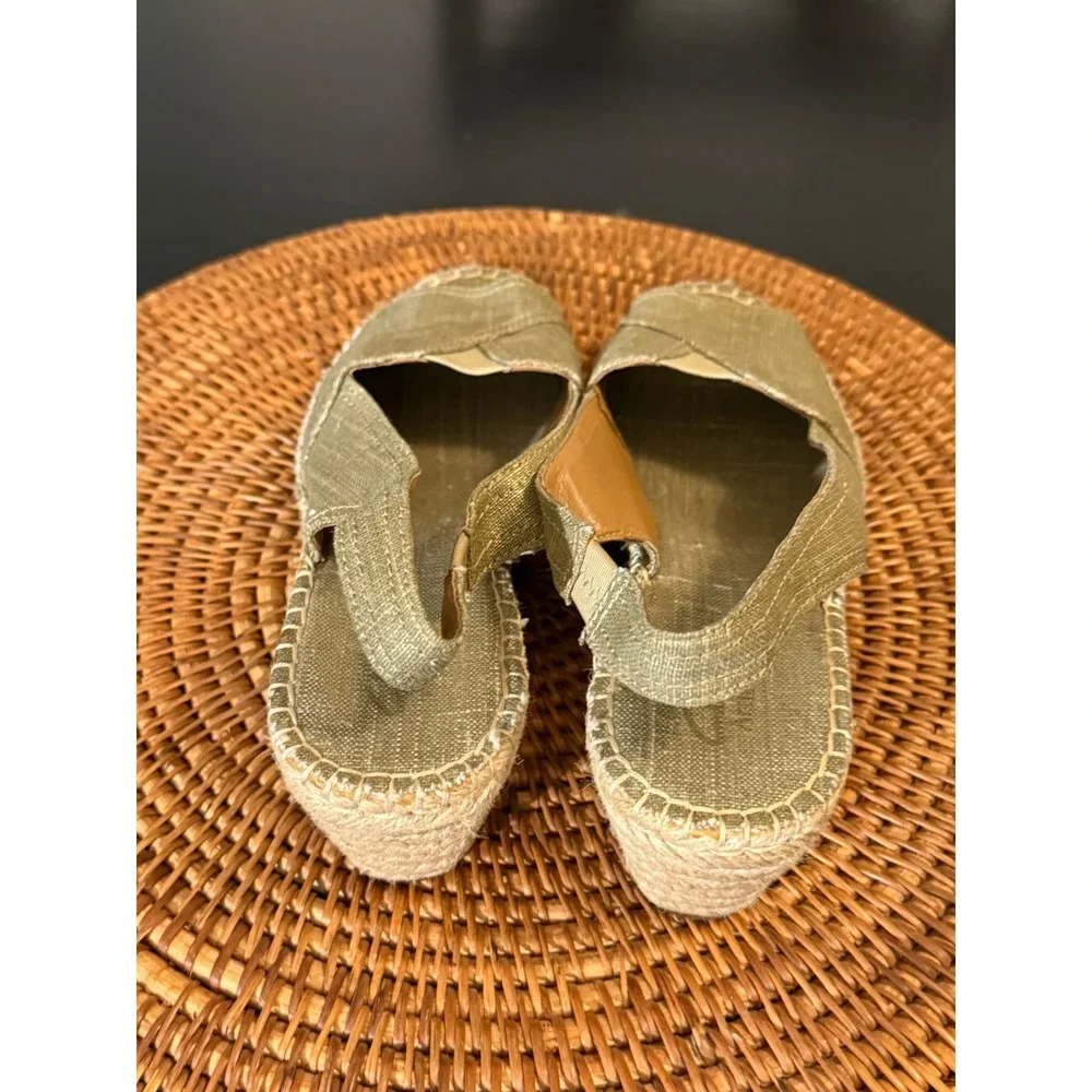 Clarks Artisan Petrina Gaia Sage Green Metallic Espadrille Wedge Sandals 8.5M